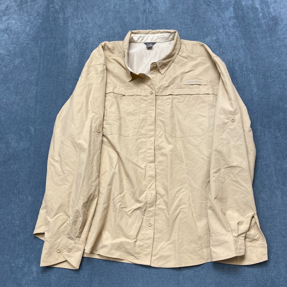 Eddie Bauer Fishing Shirt Womens 2XL Beige Vented Back Mesh Lined Button Up